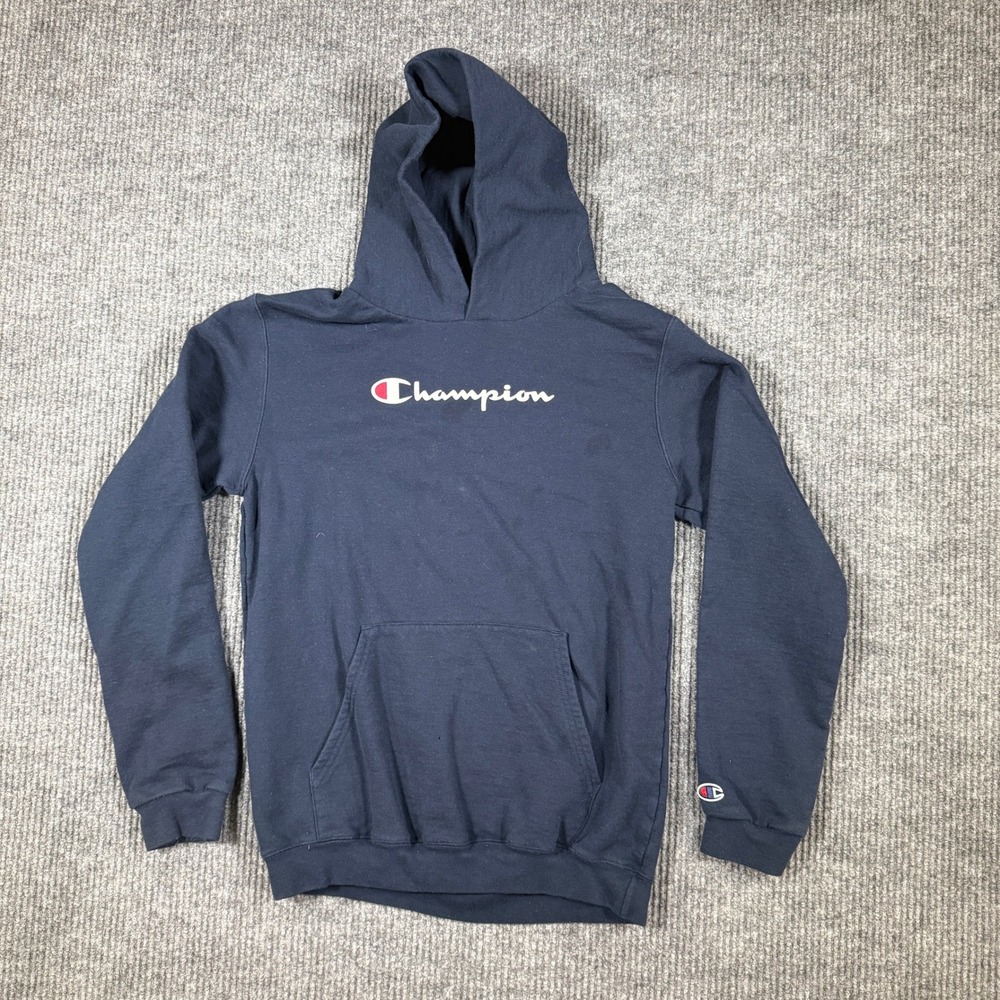 Champion Youth XL Navy Blue Eco Authentic Pullover Hoodie Sweatshirt Logo